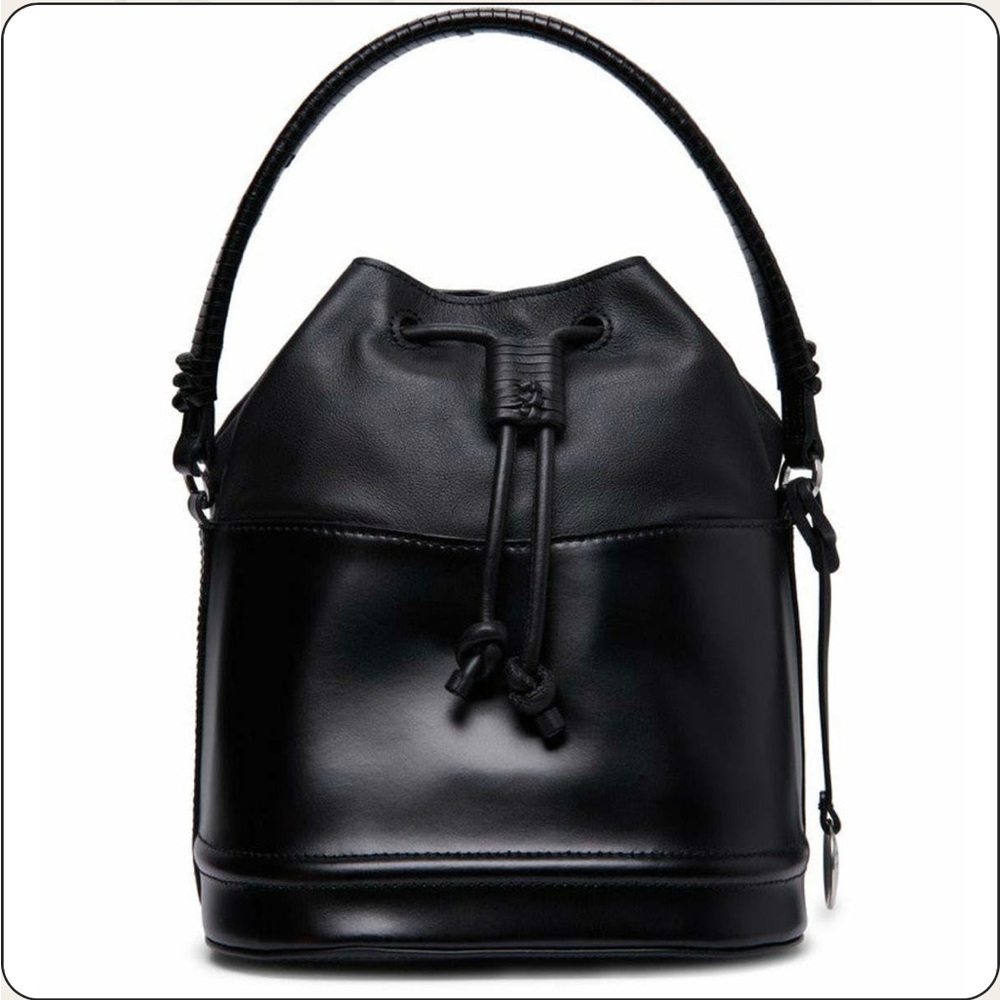 STAUD Agnes Black Leather Drawstring Bucket Bag